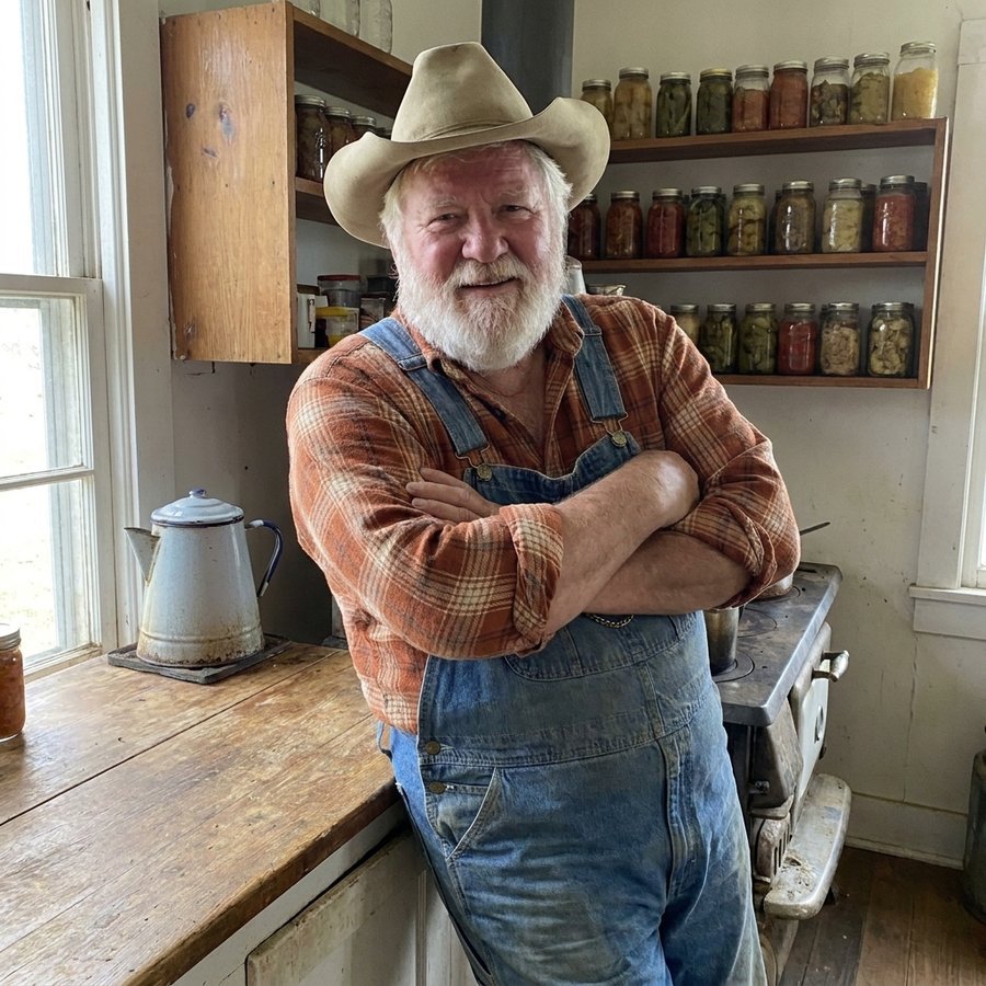 Virgil Tolliver in his overalls, leaning on the counter of his farmhouse kitchen in Oklahoma